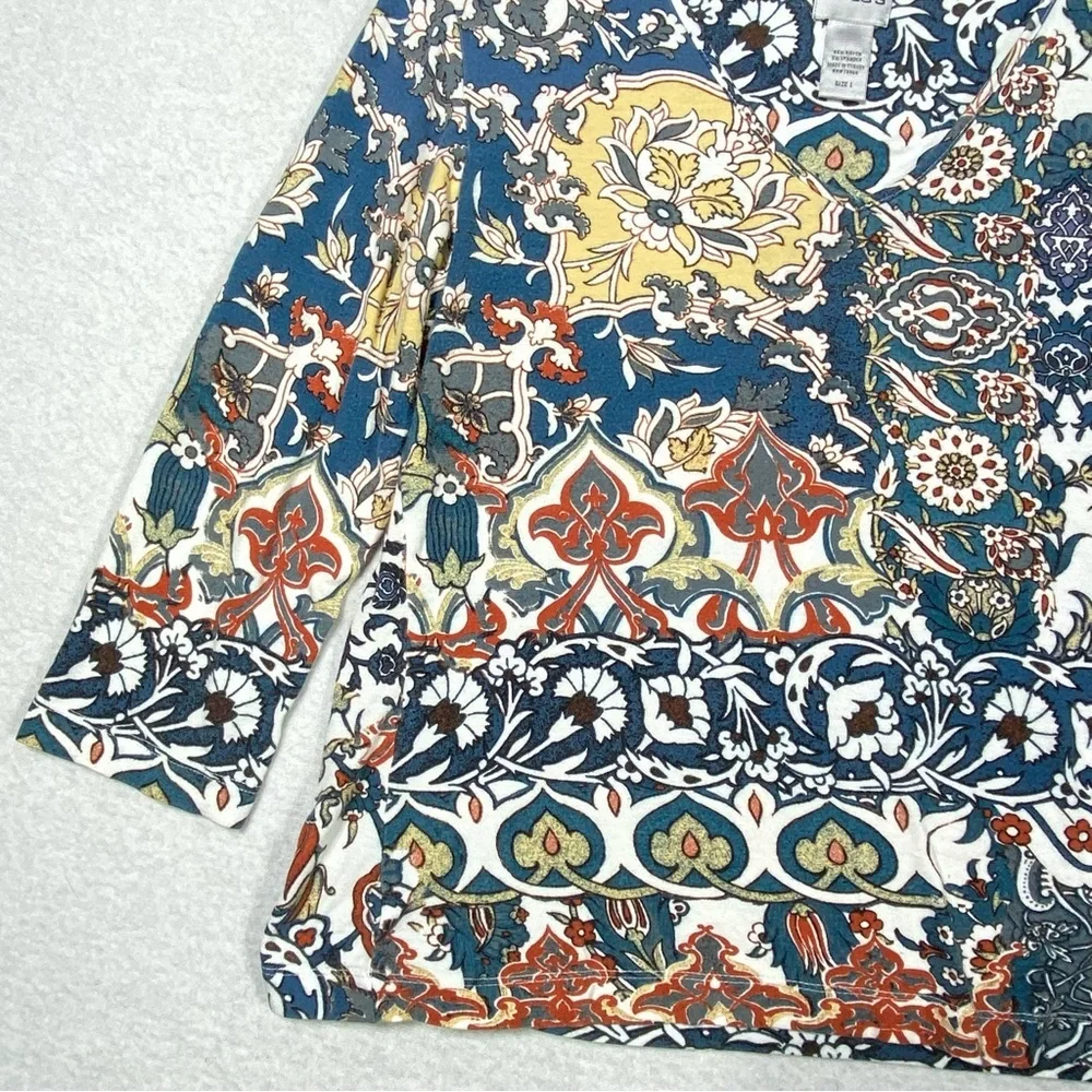 Chico's Paisley Floral Patchwork Top Womens 1 (M/8) Multicolor 3/4 Sleeve V Neck - Picture 3 of 12